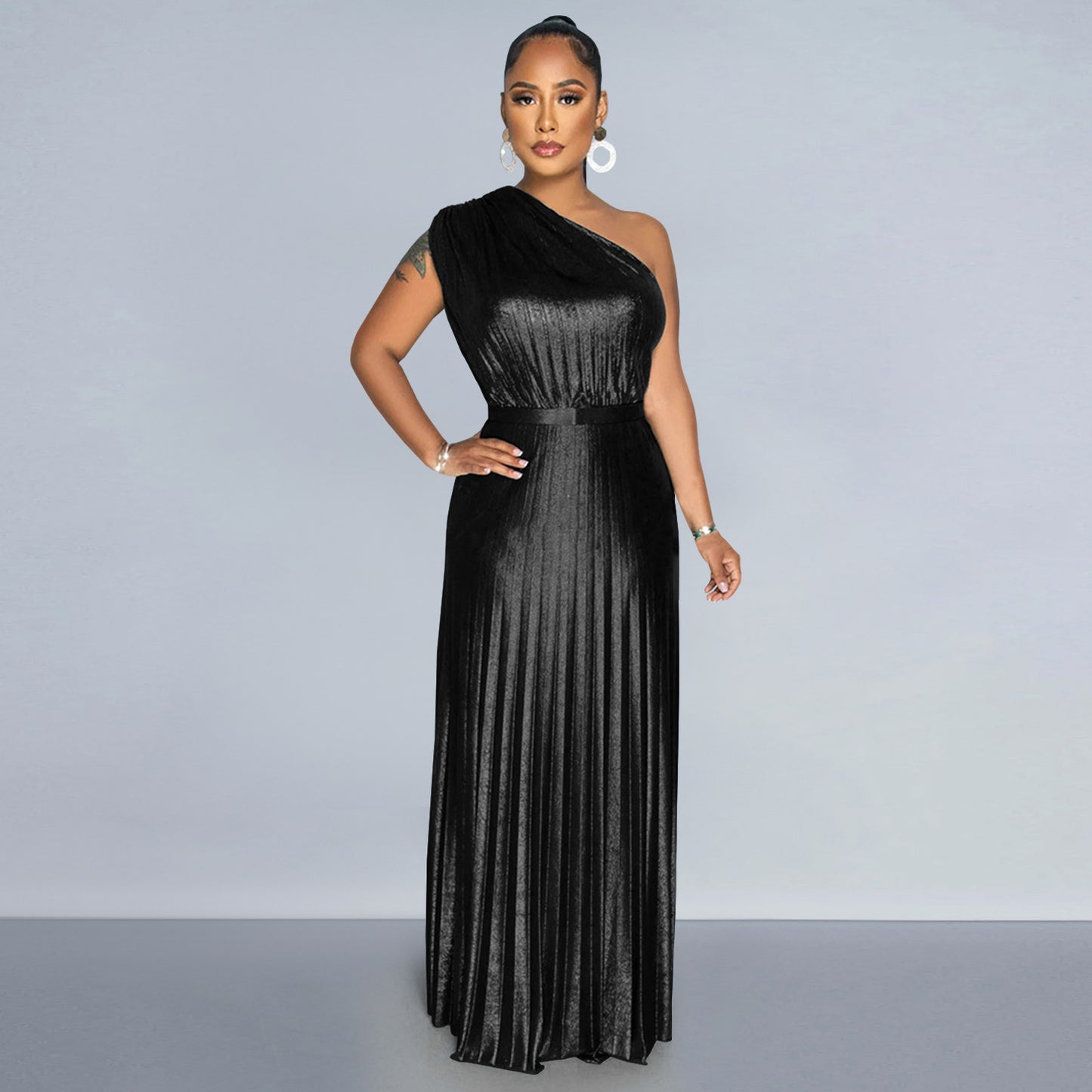 Metallic Oblique Shoulder Pleated Sleeveless Dress