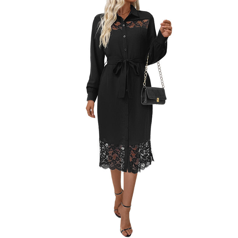 Lace Stitching Belted Long-sleeve Midi Dress
