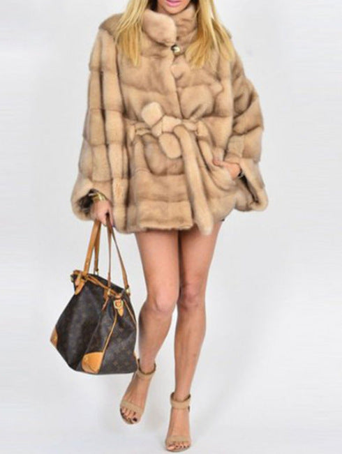 Faux Fur High Collar Belt Cape Jacket
