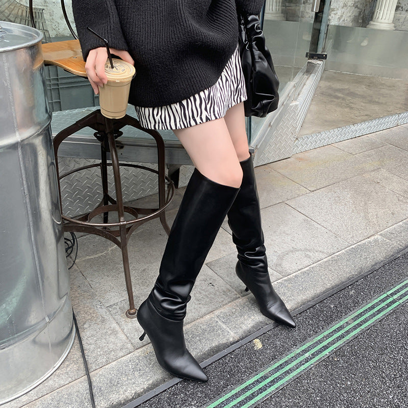 Mid-heel Long PU Leather Boots