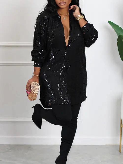 Sequin Long Sleeve Shirt Dress