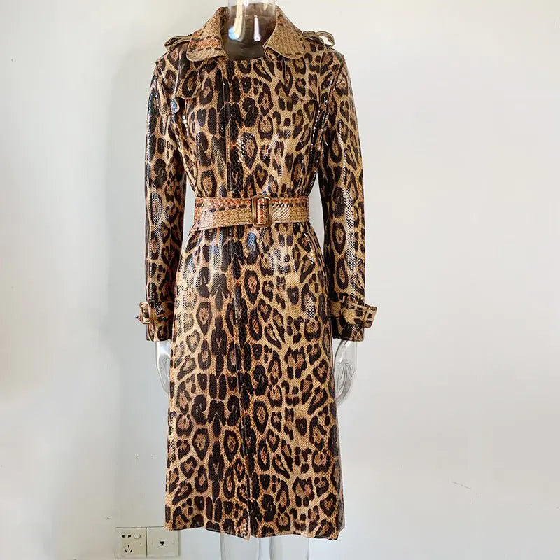 Leopard Print PU Leather Trench Coat