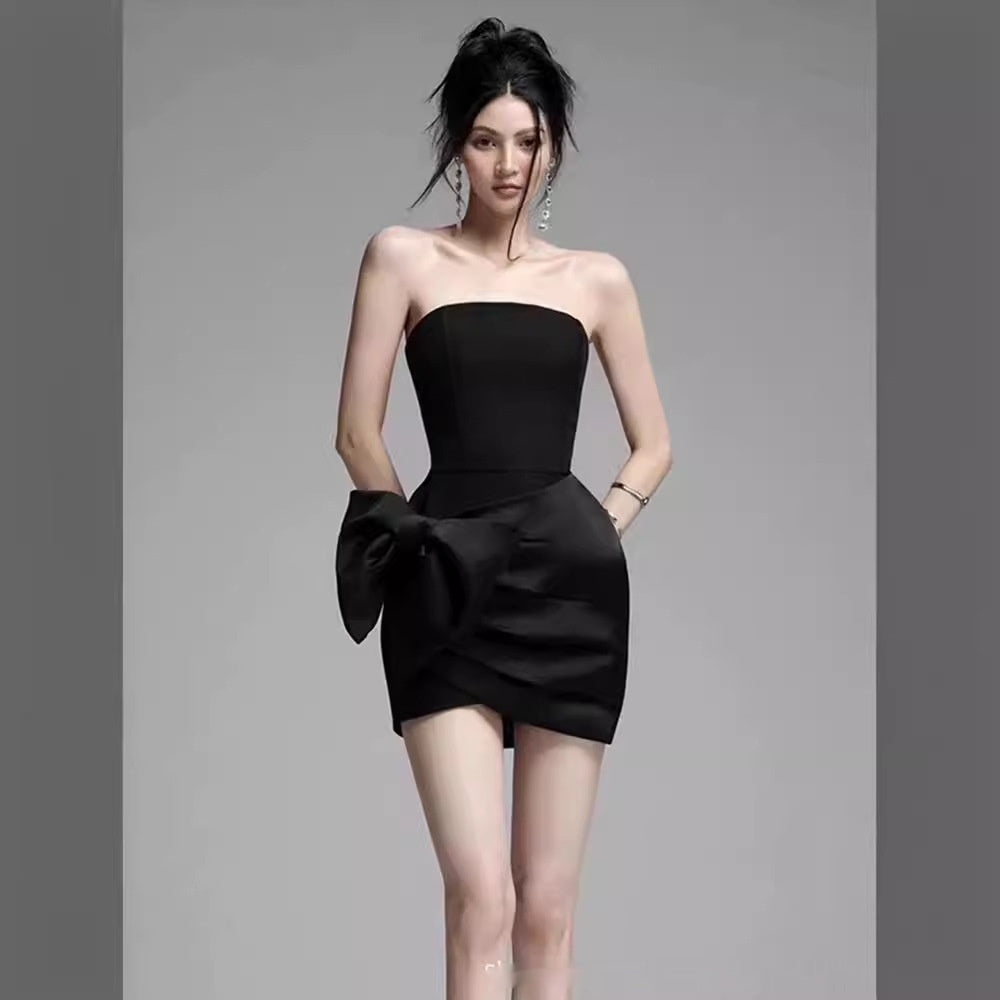 Black Satin Strapless Side Bow Mini Dress