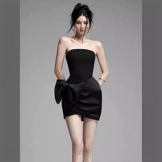 Black Satin Strapless Side Bow Mini Dress
