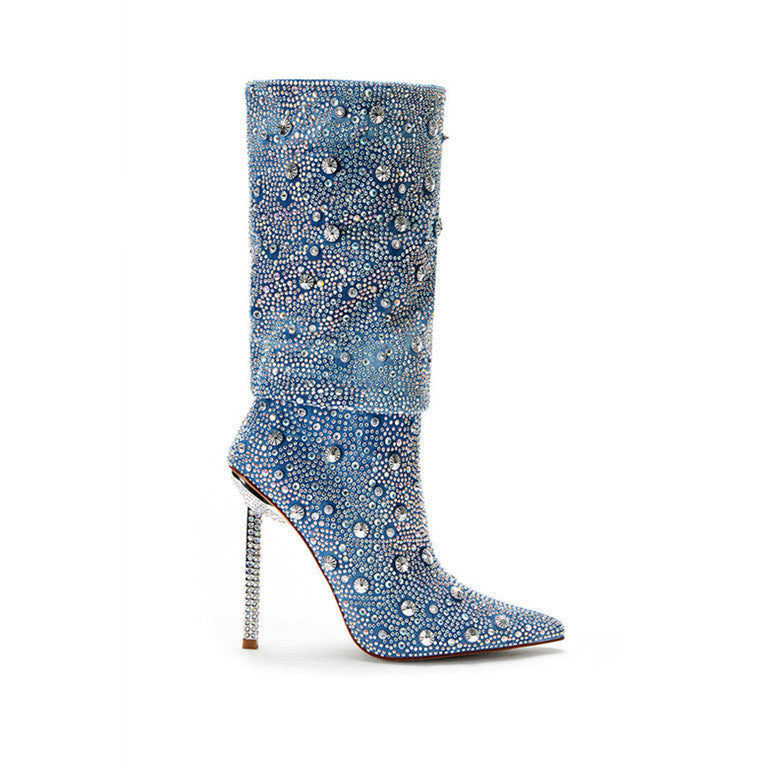 Jewel Embroided Denim High Heel Boots