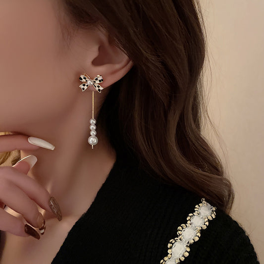 Pearl Check Bow Drop Earrings
