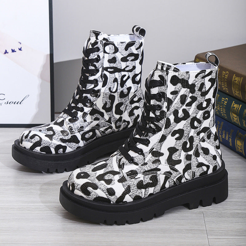 Black White Leopard Print Low Heel Boots