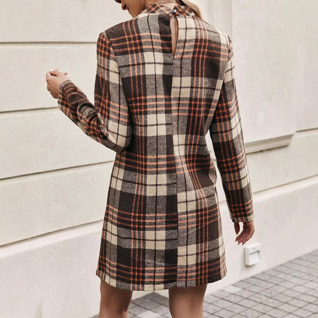 Brown Plaid Long Sleeve Dress