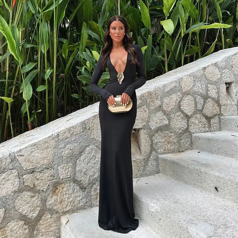 Black Deep V Neck Long Sleeve Maxi Dress