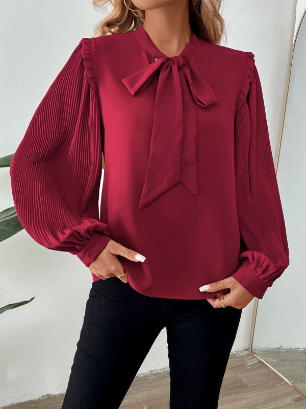 Burgundy Pleated Long Sleeve Bow Tie Neck Blouse