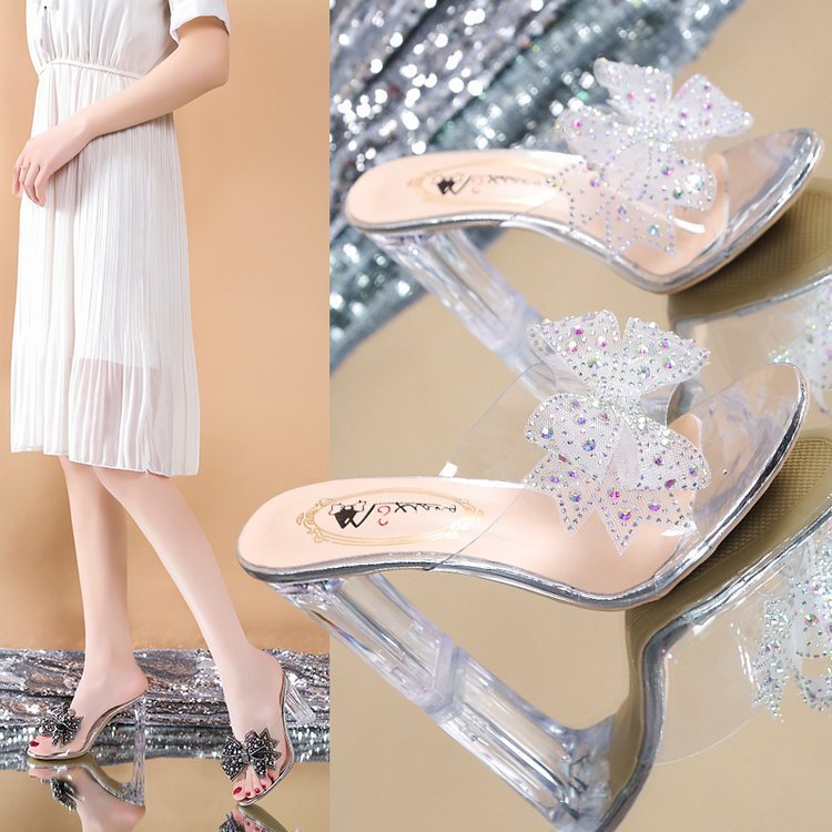 Rhinestone Bow Transparent High-heel Shoes