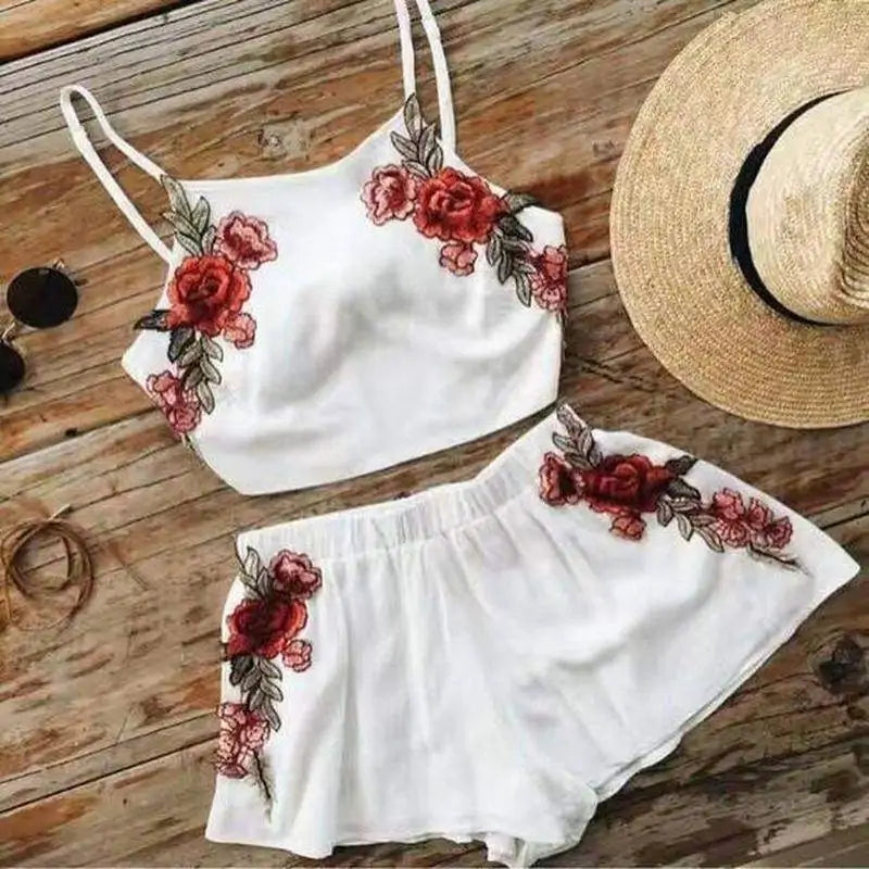 Rose Applique Bow Tie Top and Shorts Set