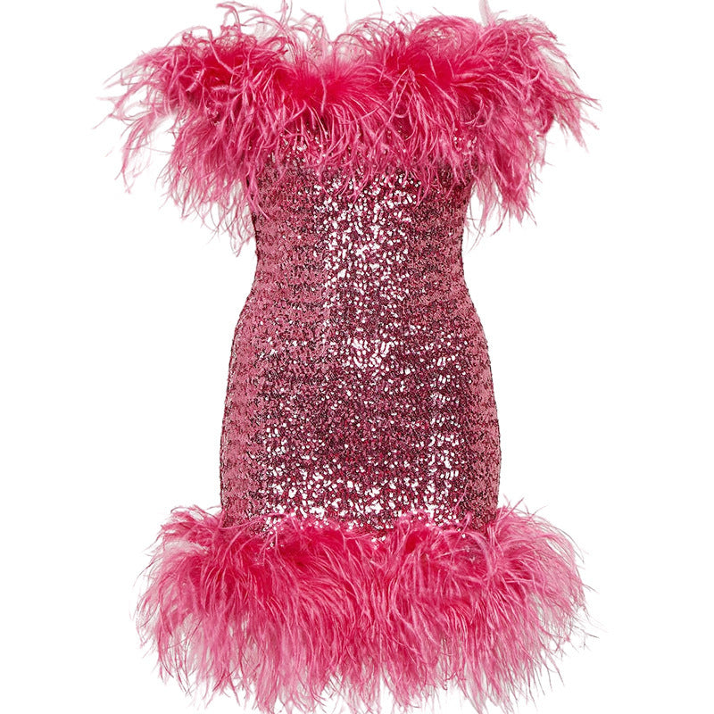 Rose Red Sequin Feather Strapless Dress