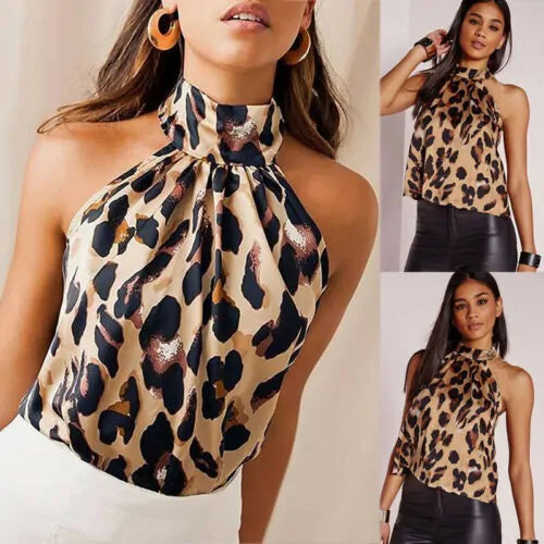 Leopard Print Halter-neck Blouse