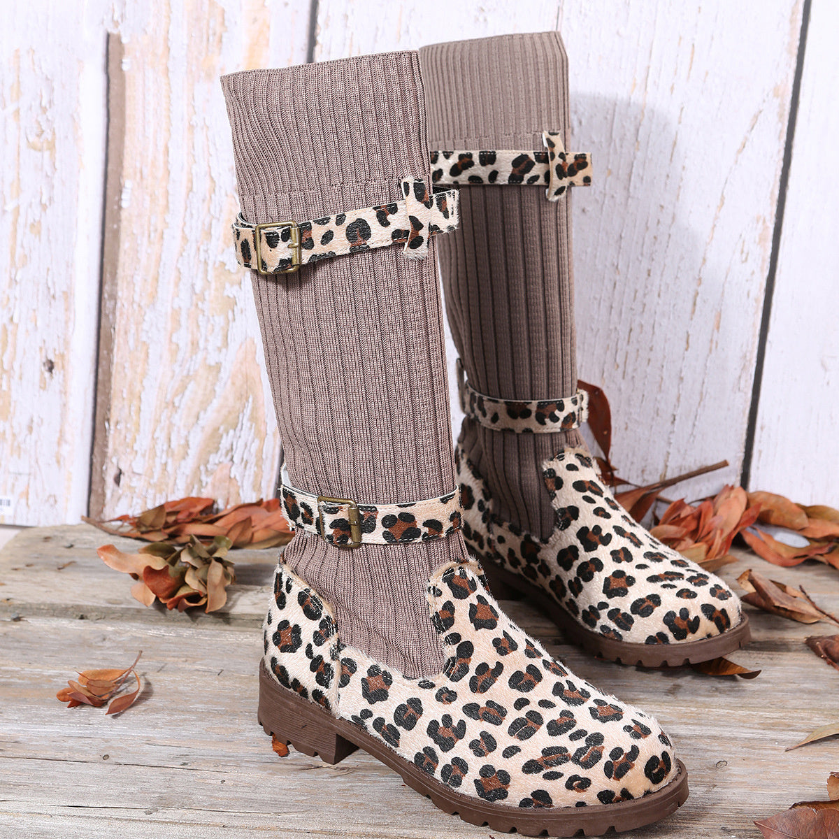 Sock Leather Mid Calf Flat Boots