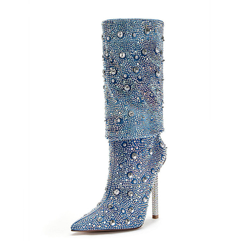 Jewel Embroided Denim High Heel Boots