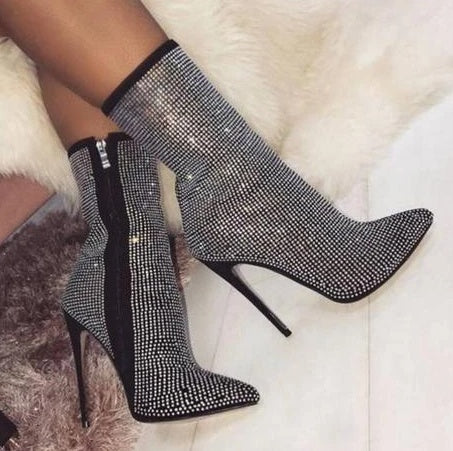 Rhinestone Pointed Toe High Heeled Boots