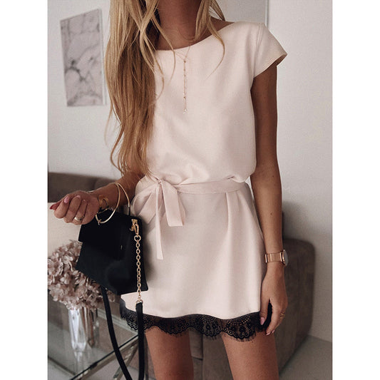 Lace Edge Belted Short Sleeve Dress