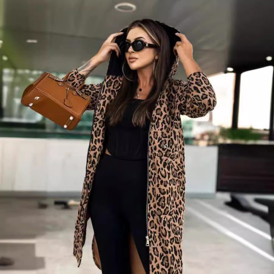 Trench Animal Print Hooded Long-sleeved Coat