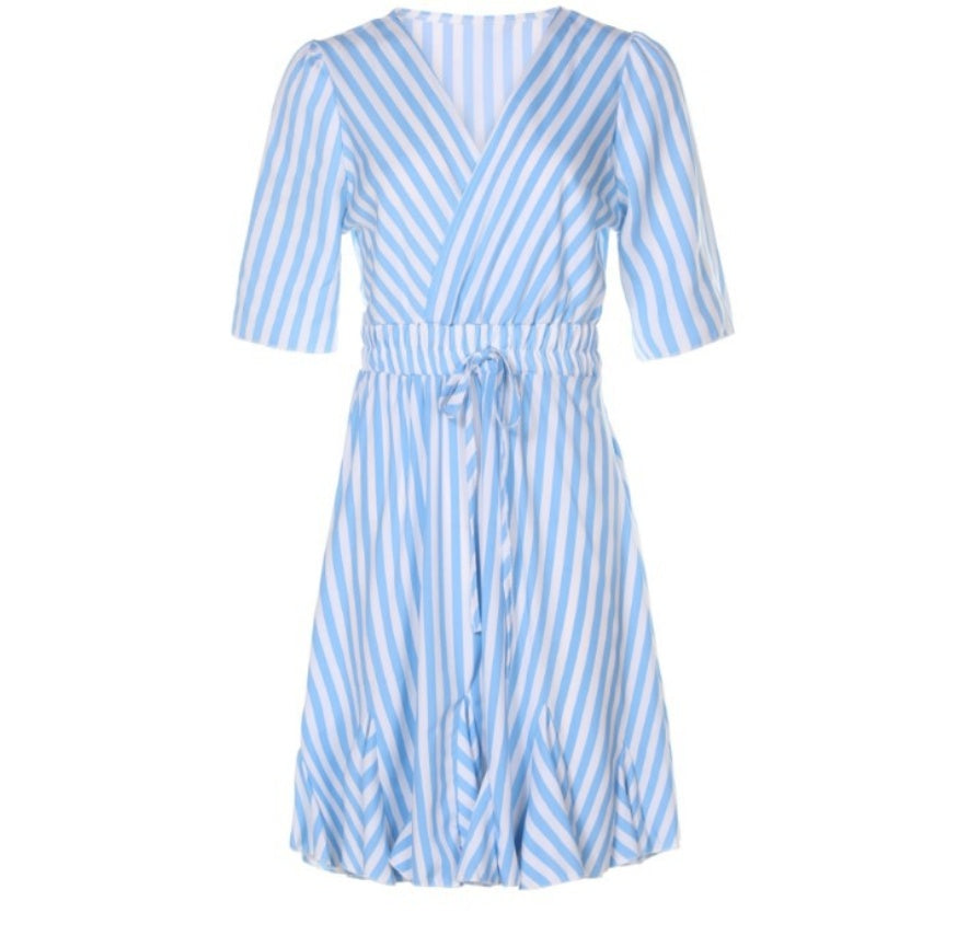 Stripe Ruffle Belted Short-sleeve Dress