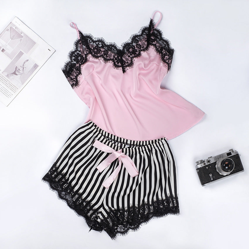 Satin Stripe Lace Camisole Shorts Pyjamas Two-piece Set