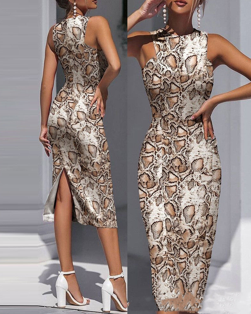 Snake Print Back-slit Sleeveless Dress