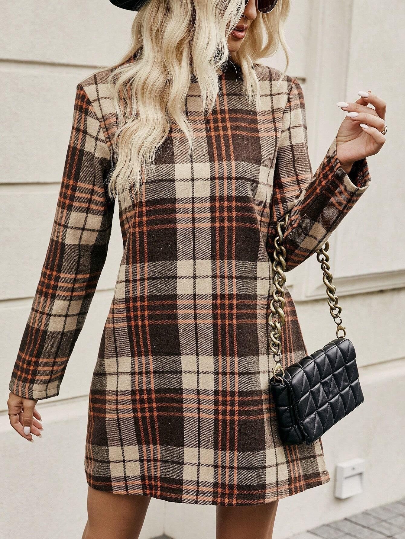 Brown Plaid Long Sleeve Dress