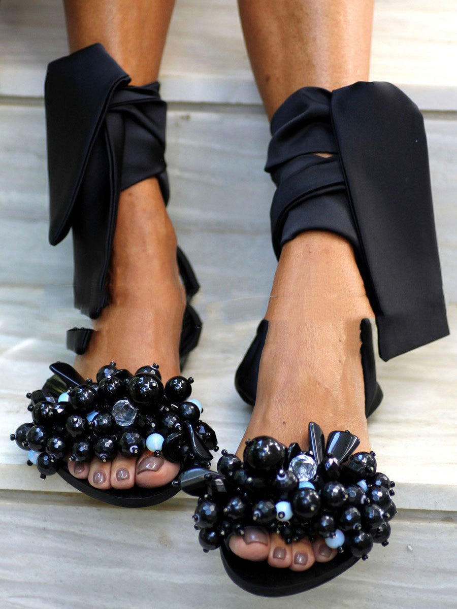 Pearl Tie Bow Flat Sandals