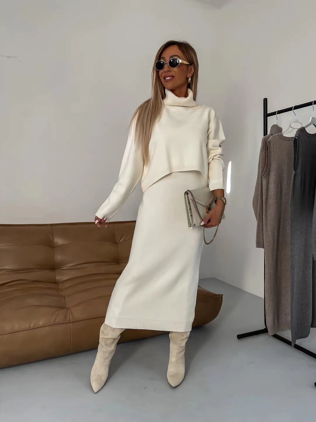 Knit Turtleneck Long-sleeve Sweater And Long Skirt Two-piece Suit