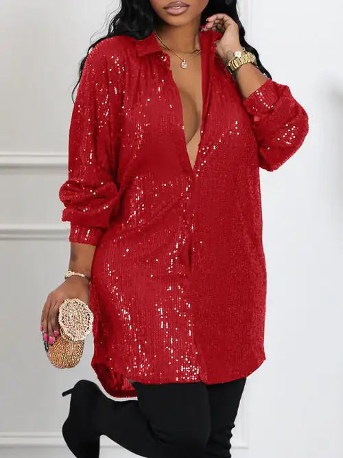 Sequin Long Sleeve Shirt Dress