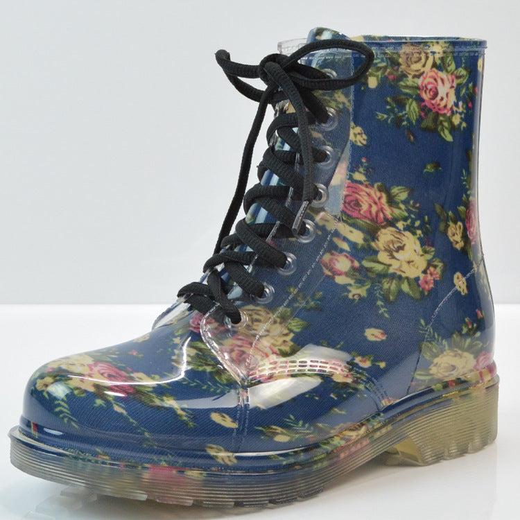 PVC Print Lace-up Flat Heel Ankle Rain Boots