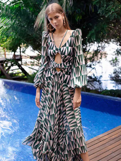 Hollow Lantern Sleeve Maxi Dress