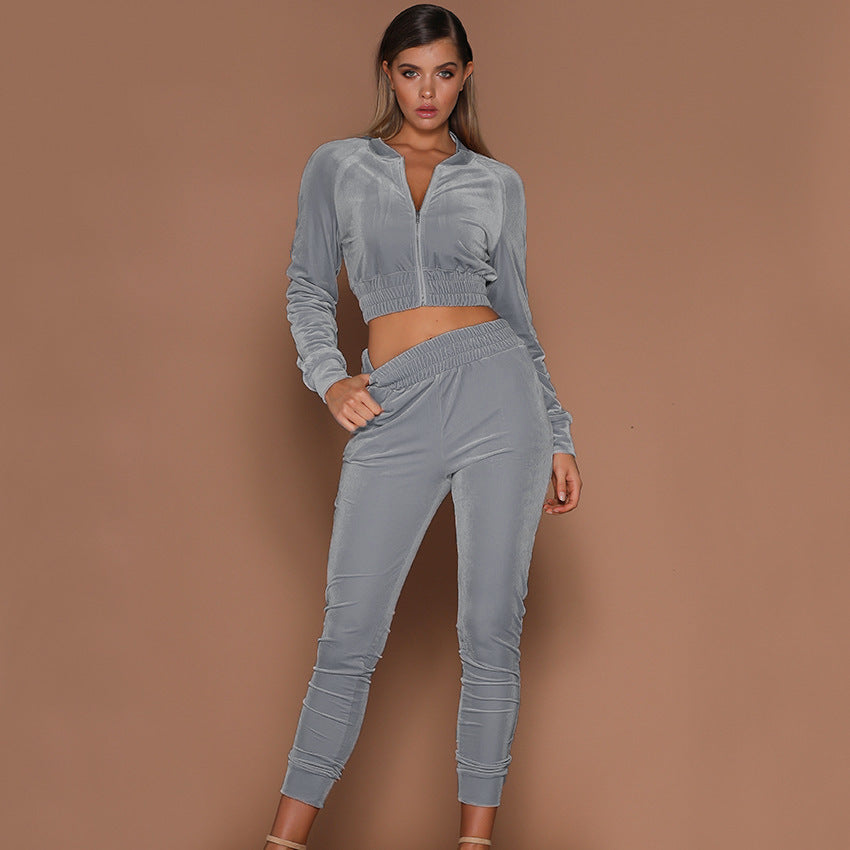 Cropped Velvet Jacket and Trousers Two-piece Set