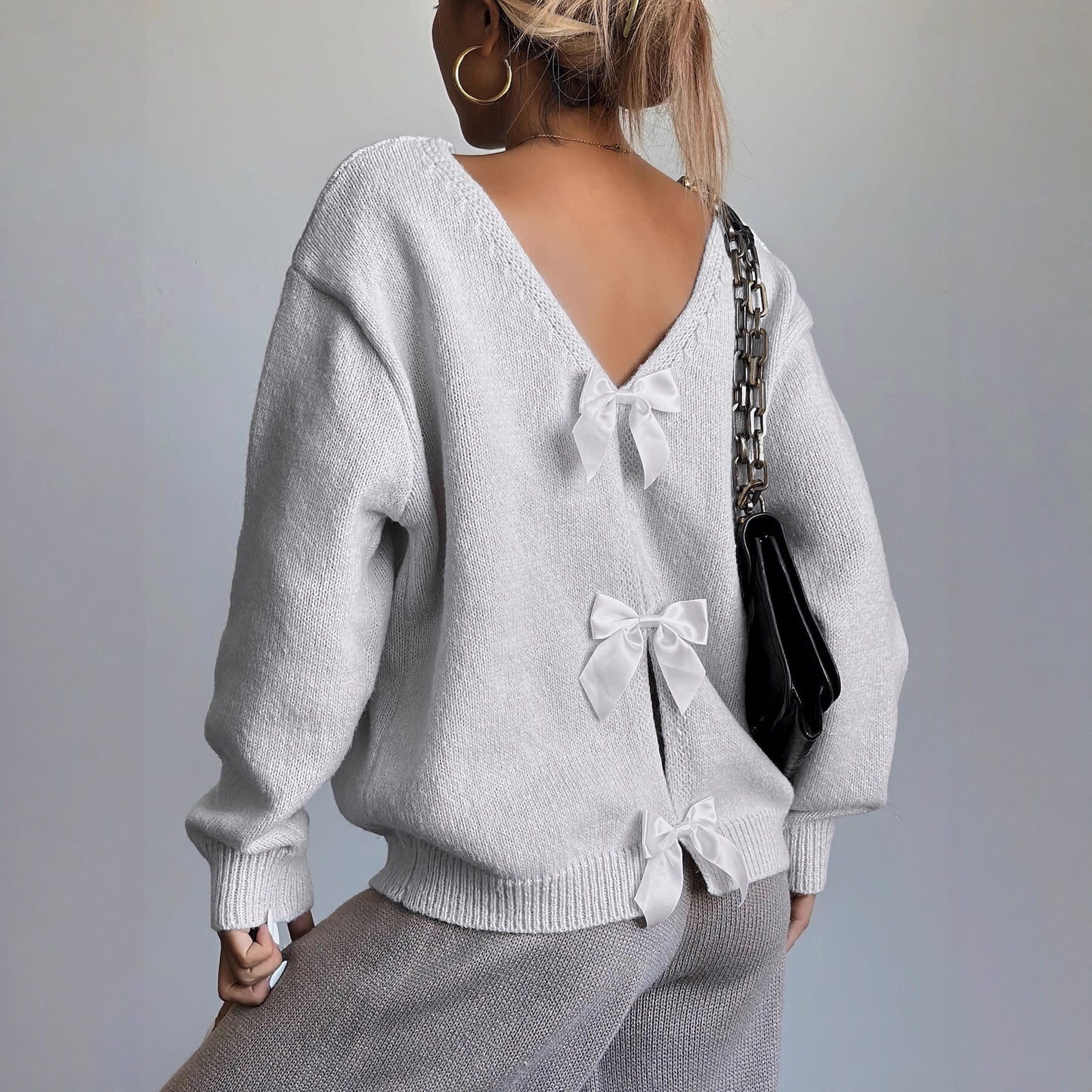 Back V-neck Tie-bow Knit Long-sleeve Sweater