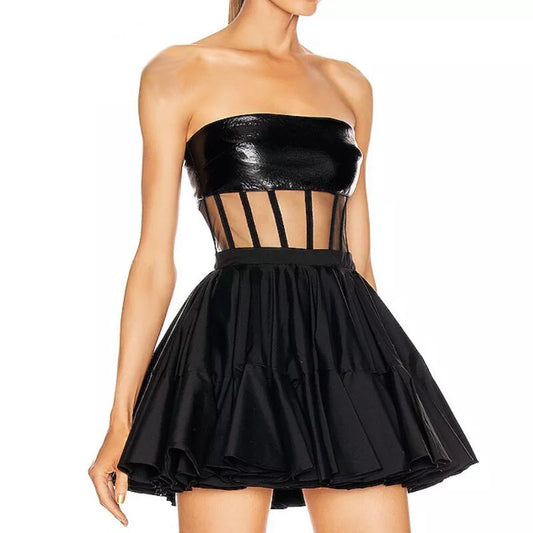 Leather + Mesh Tube Top Ruffles Dress