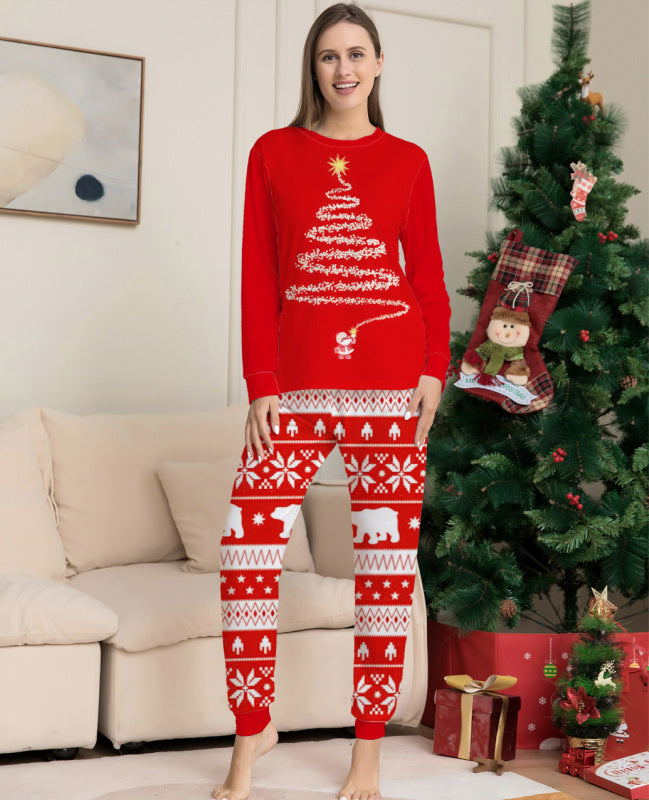 Christmas Tree Print Parent-child Round Neck Long Sleeve Homewear Set