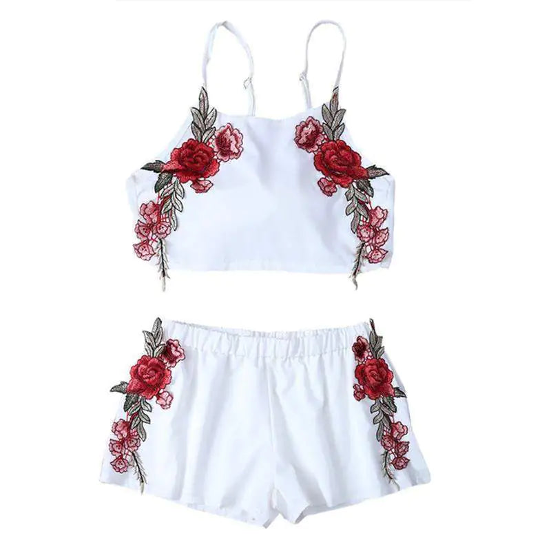 Rose Applique Bow Tie Top and Shorts Set