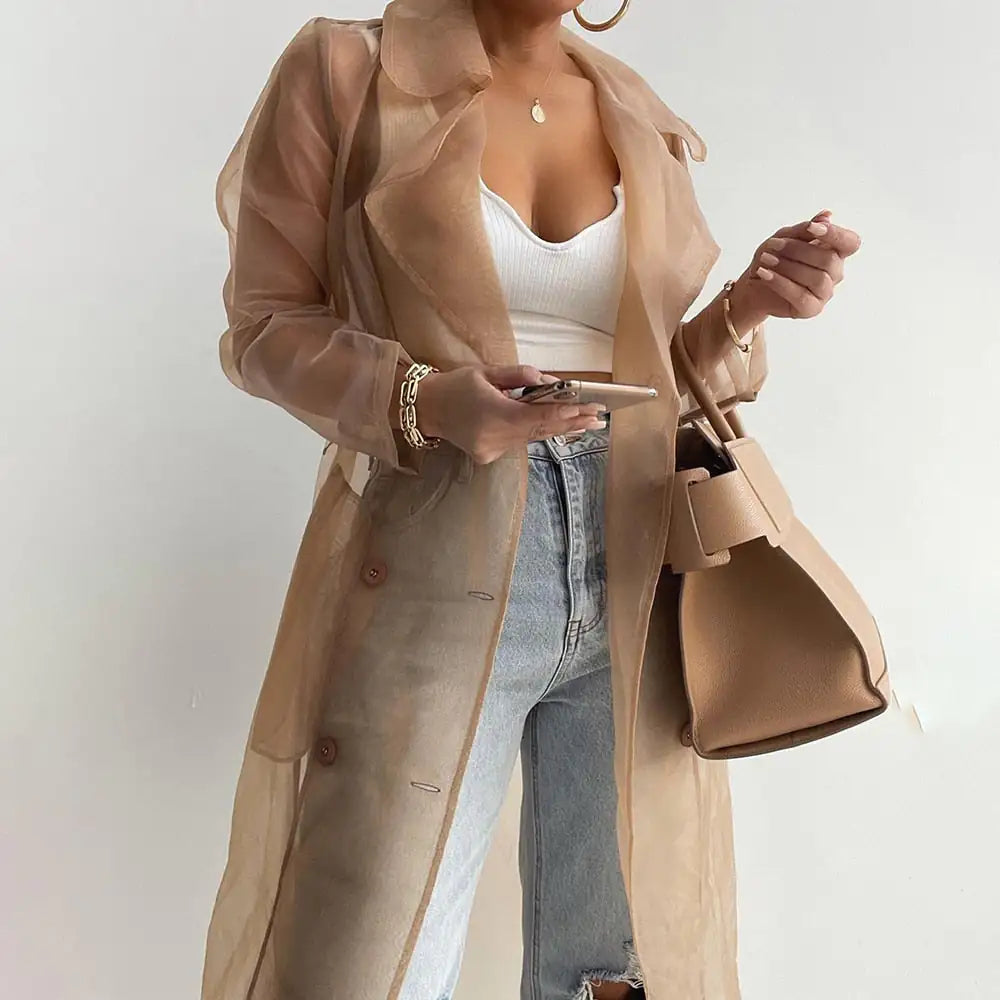 Mesh See-Through Tie-belt Coat