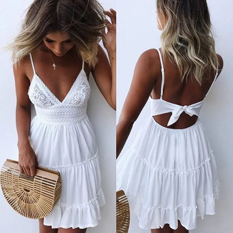 V Neck Lace Sleeveless  Spaghetti Strap Dress