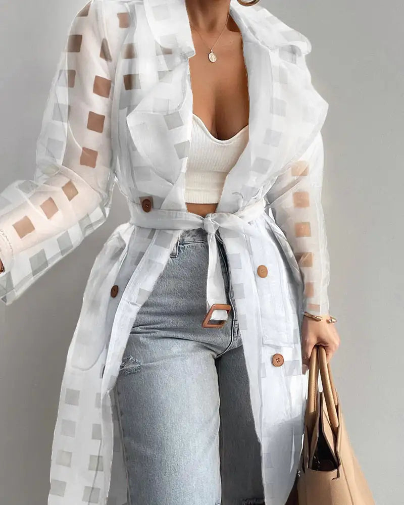 Mesh See-Through Tie-belt Coat