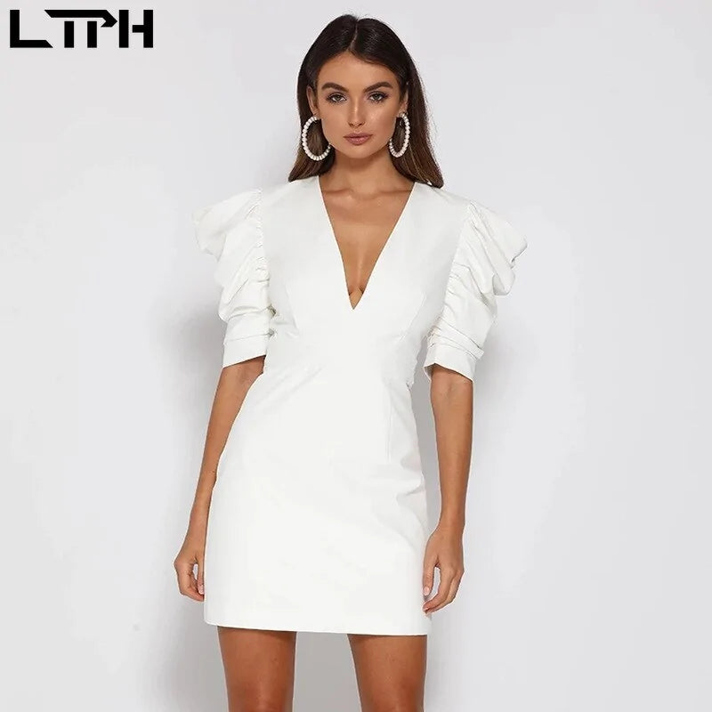 V-neck Ruched Sleeves Backless Dress