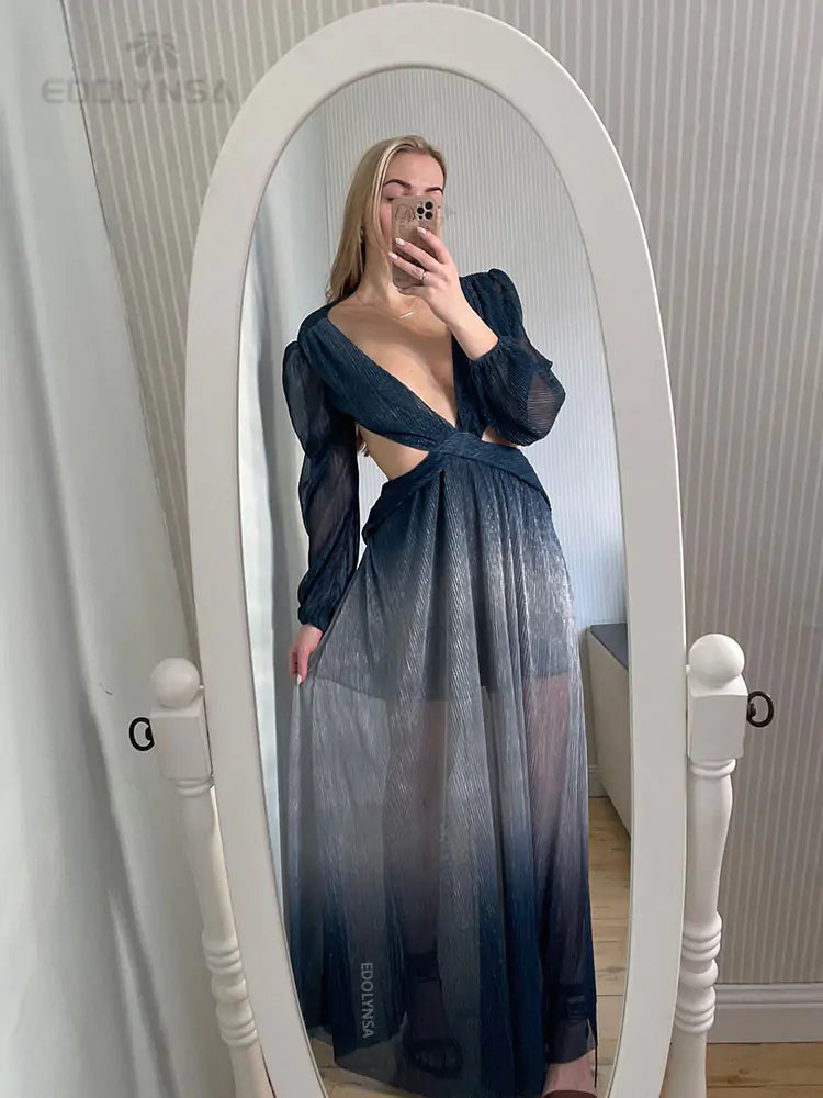 Hollow Lantern Sleeve Maxi Dress