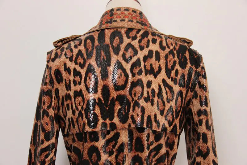 Leopard Print PU Leather Trench Coat