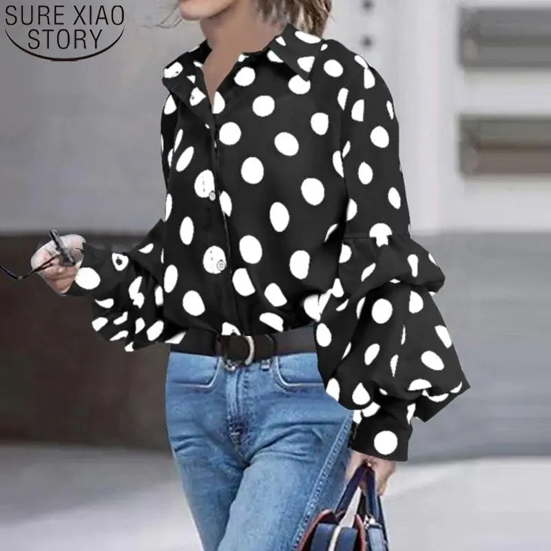 Polka Dot Lantern Sleeve Shirt