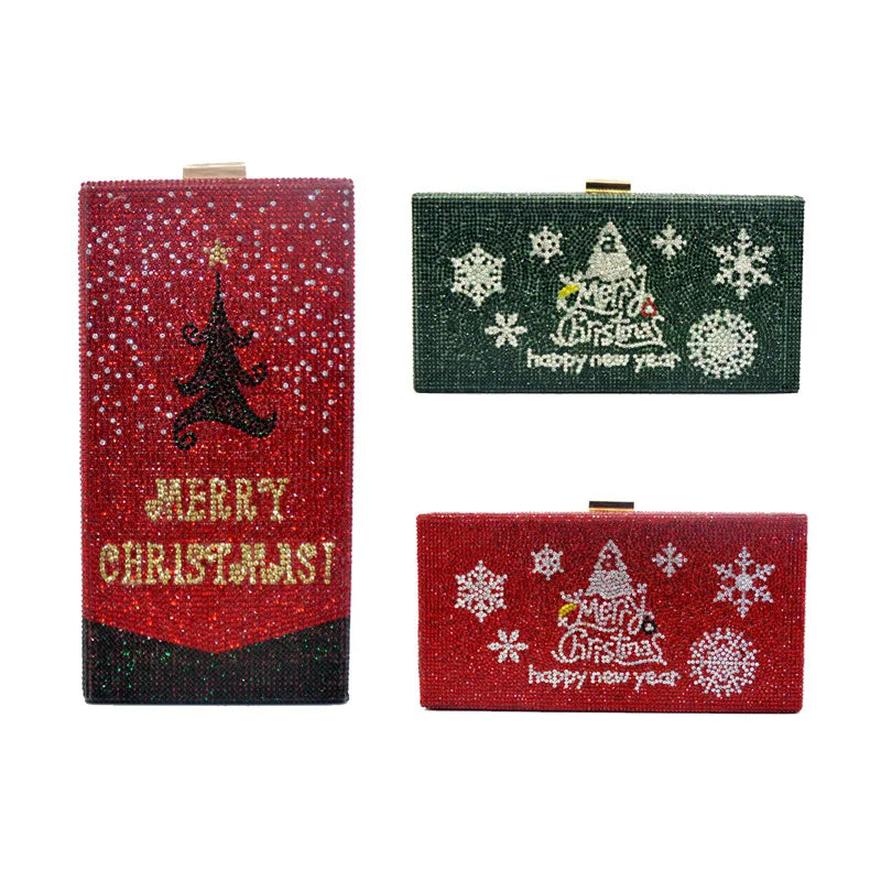 Merry Christmas Print Rhinestone  Crystal Long Chain Handbag