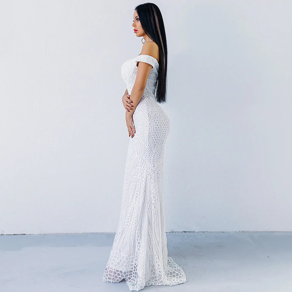 Off-the-shoulder Sequin Maxi Dress