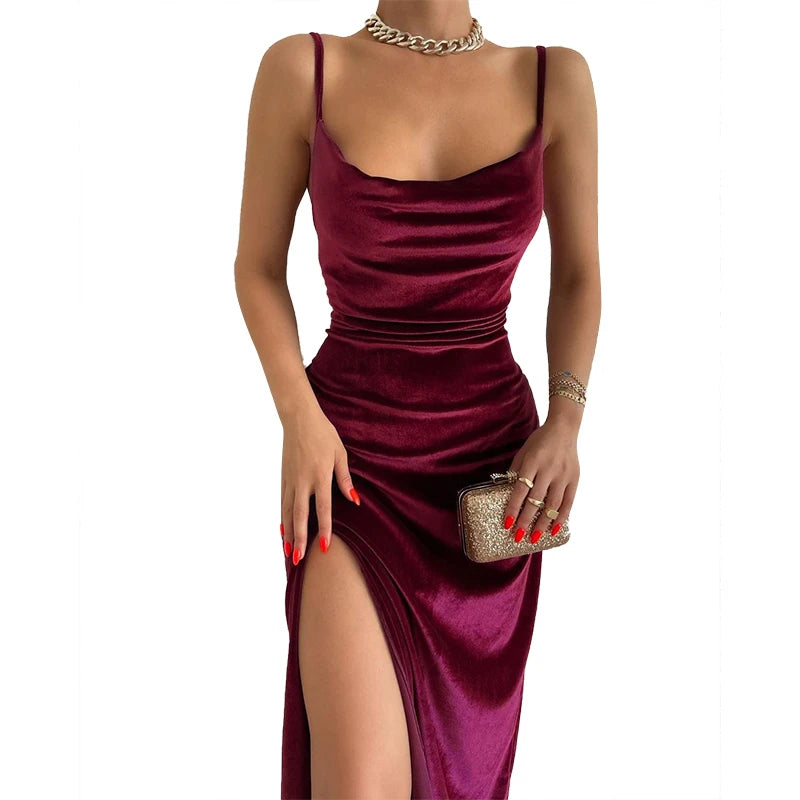 Velvet Sleeveless Side Slit Midi Dress