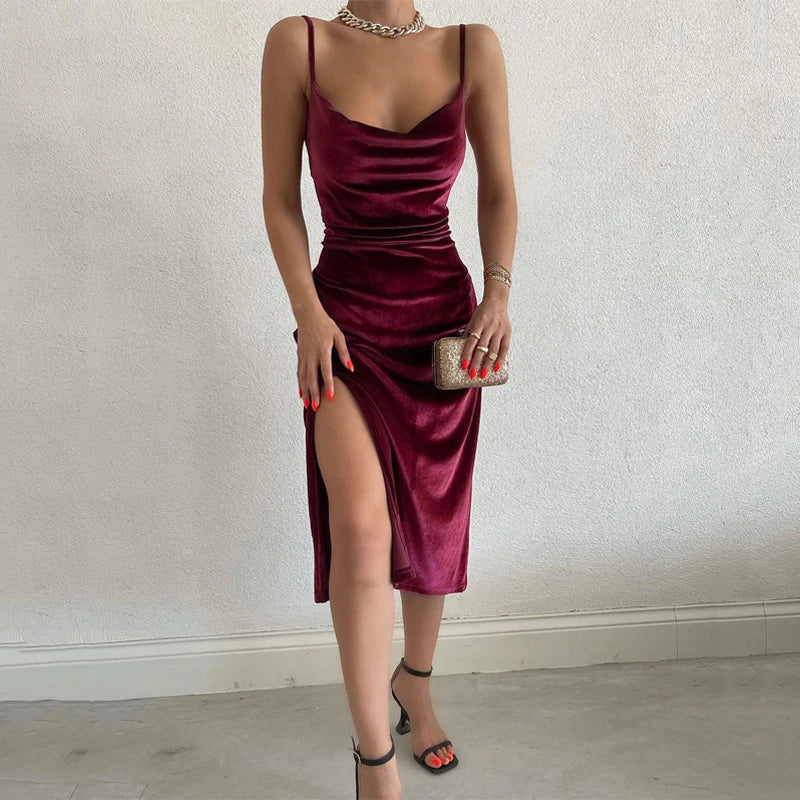 Velvet Sleeveless Side Slit Midi Dress