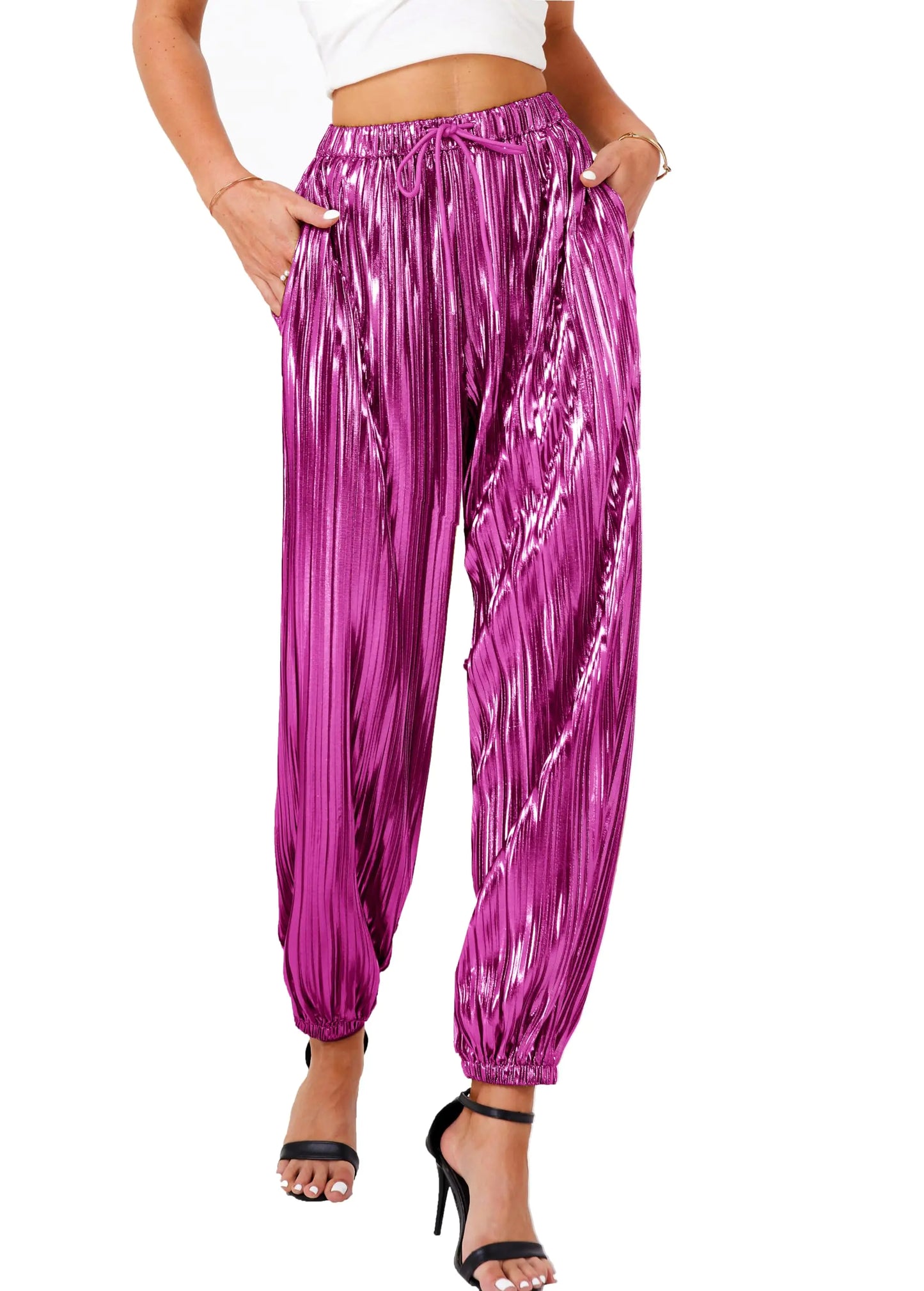 Metallic Sequin Pleated Shiny Trousers