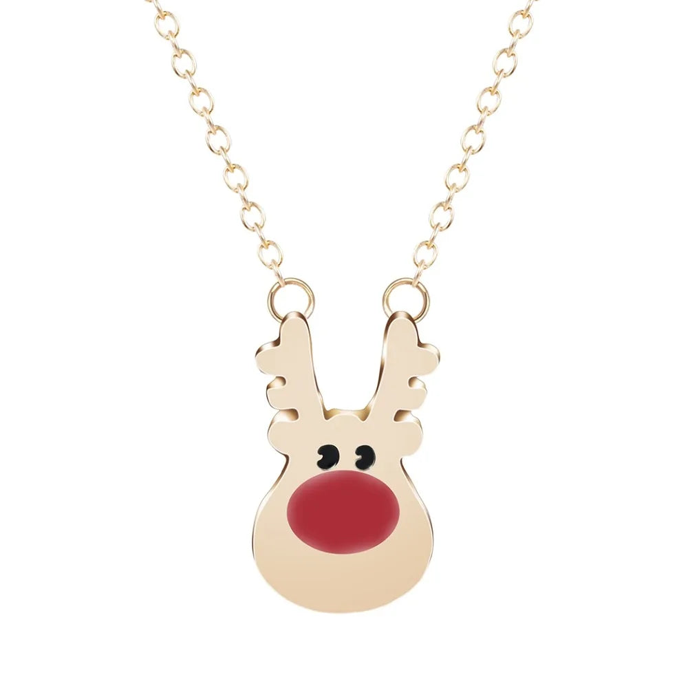 Rudolph Reindeer Red Nose Deer Pendant Long Chain Necklace